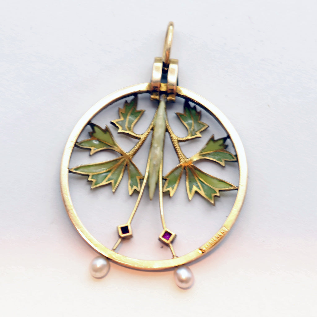 Masriera Art Nouveau pendant gold diamond ruby pearl plique a jour enamel (7456)