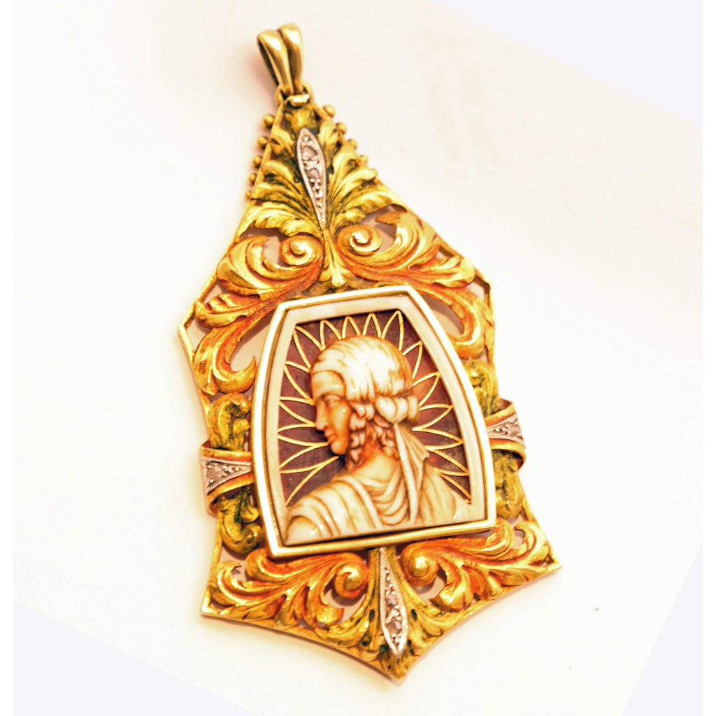 FUSET y GRAU Antique Art Nouveau - Deco Pendant gold diamonds enamel cameo (7459)