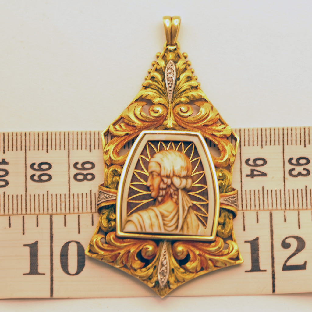 FUSET y GRAU Antique Art Nouveau - Deco Pendant gold diamonds enamel cameo (7459)