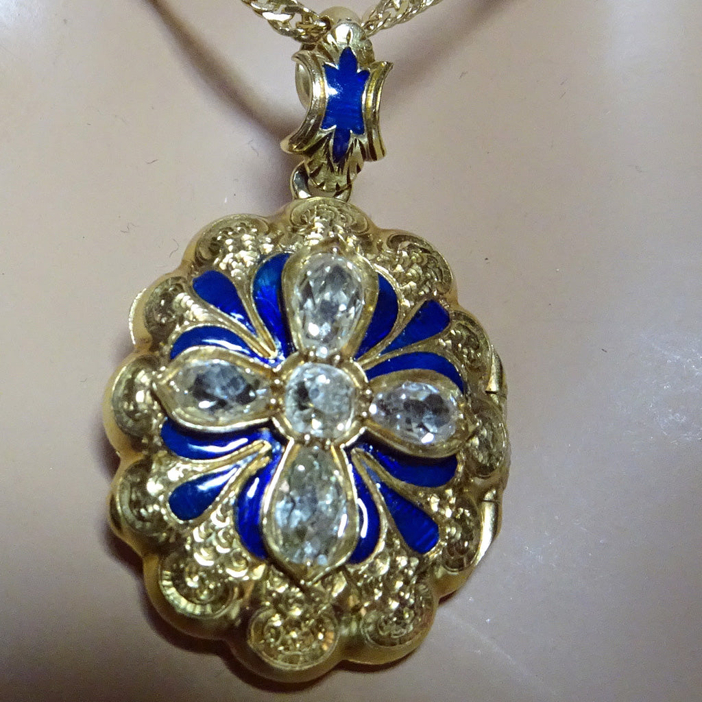 Antique Victorian Pendant Locket Gold light yellow Diamonds Enamel Cross (7462)