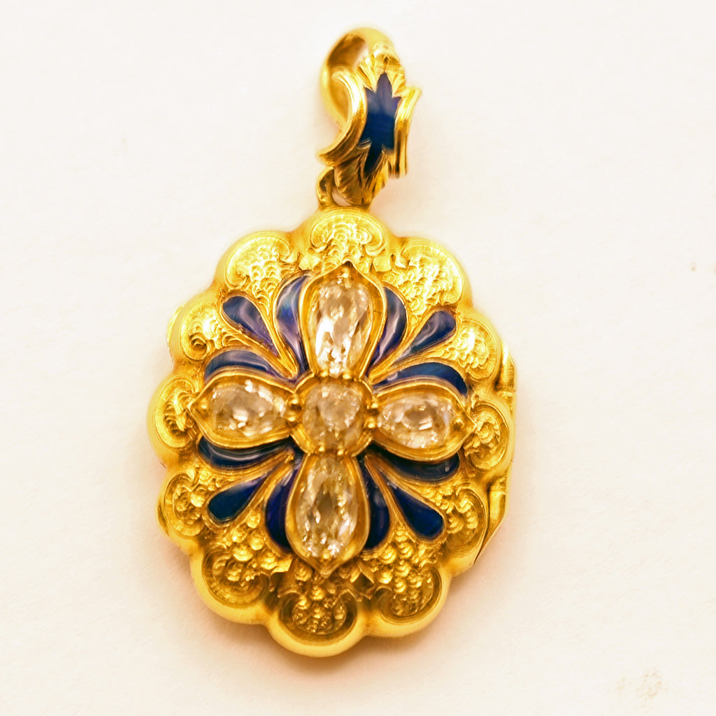 Antique Victorian Pendant Locket Gold light yellow Diamonds Enamel Cross (7462)