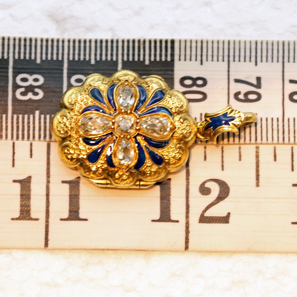 Antique Victorian Pendant Locket Gold light yellow Diamonds Enamel Cross (7462)