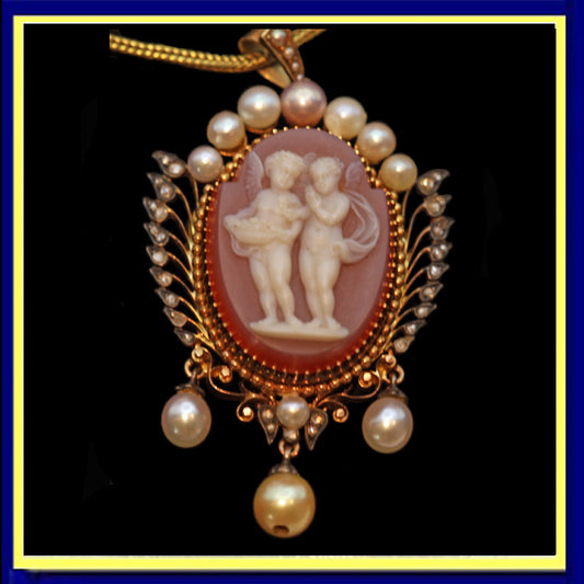 Antique Victorian pendant gold diamonds pearls hardstone cameo American