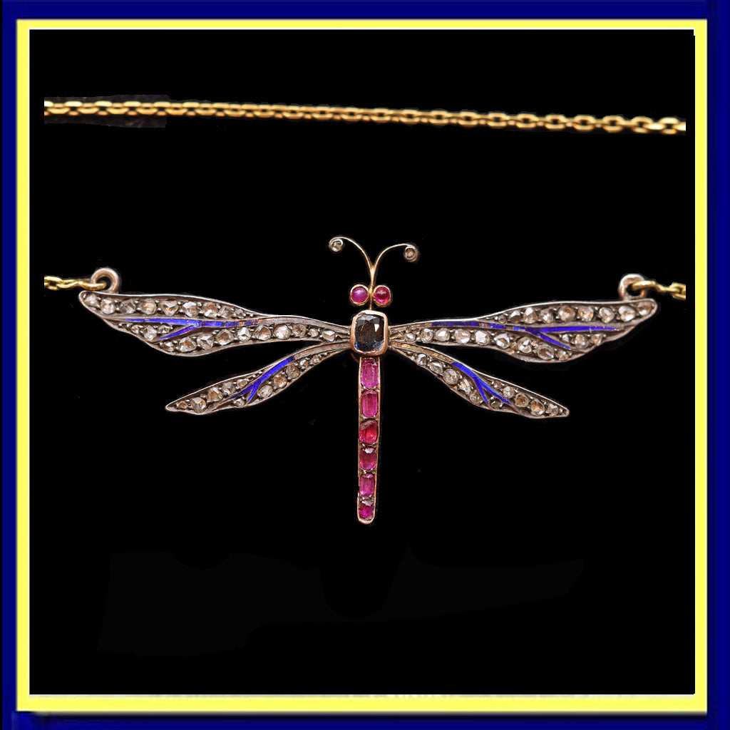 Antique Victorian dragonfly pendant necklace gold sl diamonds gems enamel