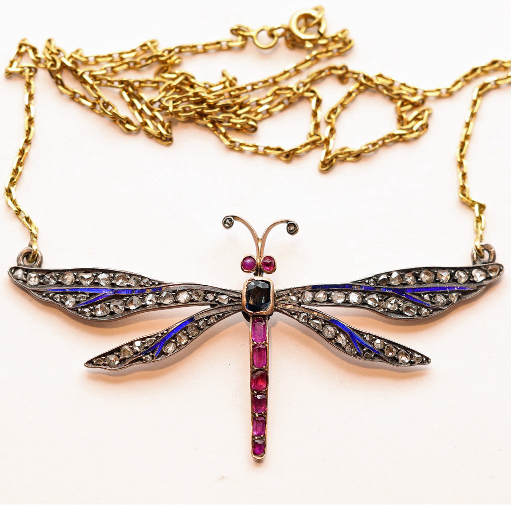 Antique Victorian dragonfly pendant necklace gold sl diamonds gems enamel (7515)