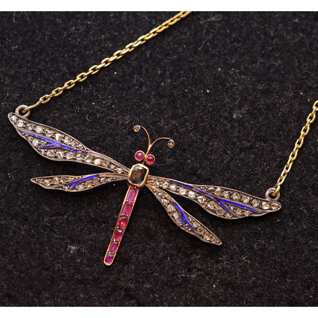 Antique Victorian dragonfly pendant necklace gold sl diamonds gems enamel (7515)