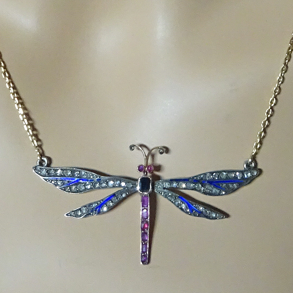 Antique Victorian dragonfly pendant necklace gold sl diamonds gems enamel (7515)