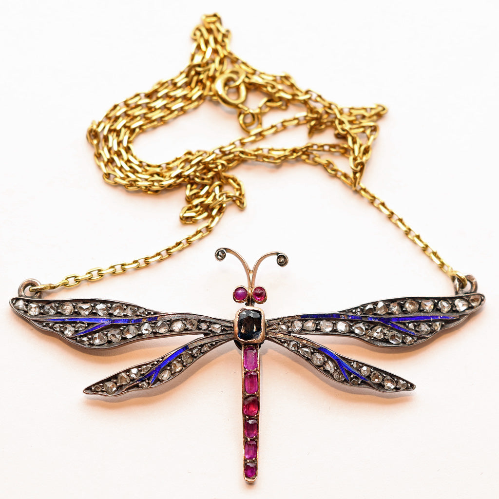 Antique Victorian dragonfly pendant necklace gold sl diamonds gems enamel white background