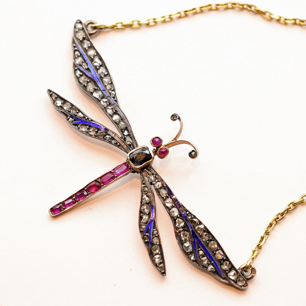 Antique Victorian dragonfly pendant necklace gold sl diamonds gems enamel (7515)