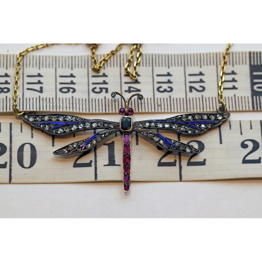 Antique Victorian dragonfly pendant necklace gold sl diamonds gems enamel showing size