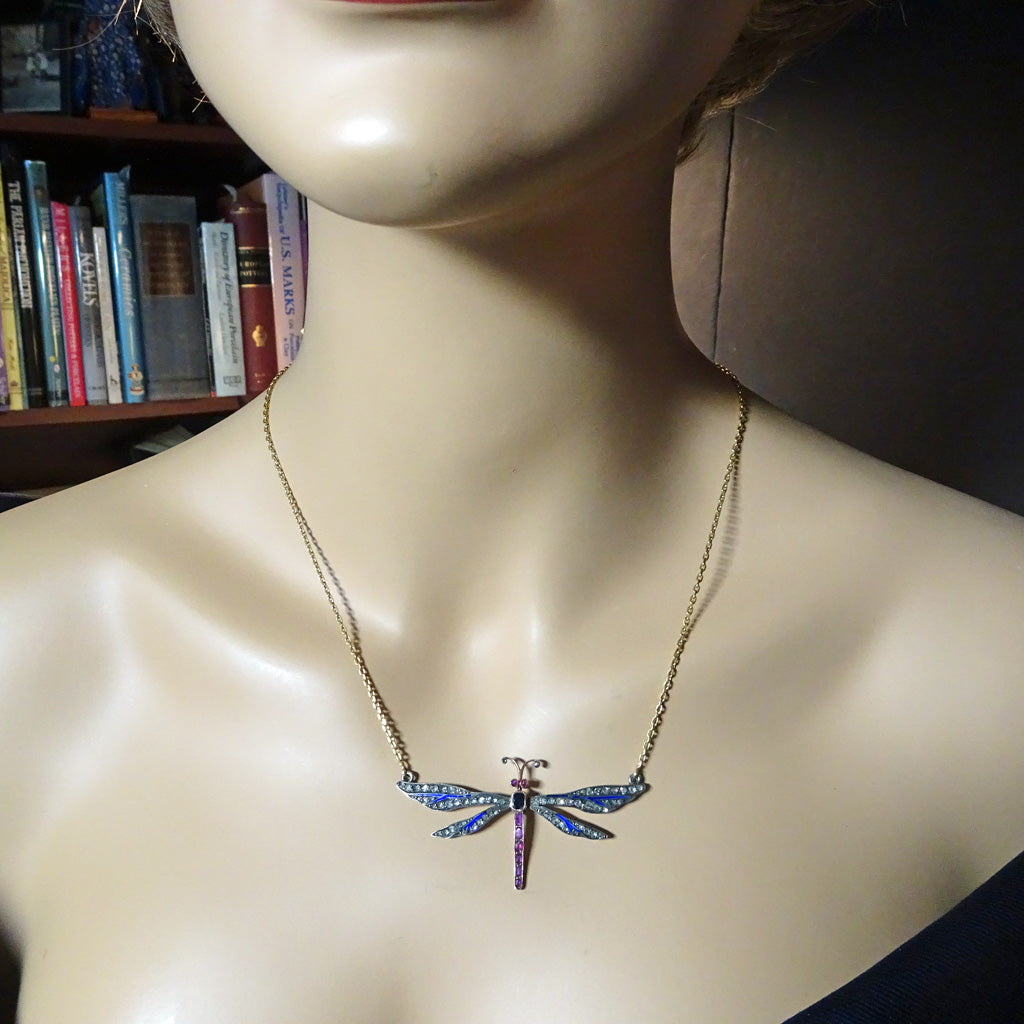 Antique Victorian dragonfly pendant necklace gold sl diamonds gems enamel (7515)