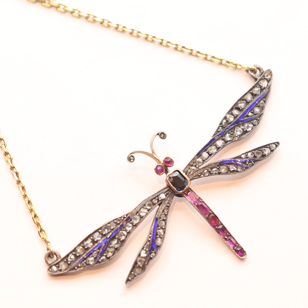 Antique Victorian dragonfly pendant necklace gold sl diamonds gems enamel (7515)