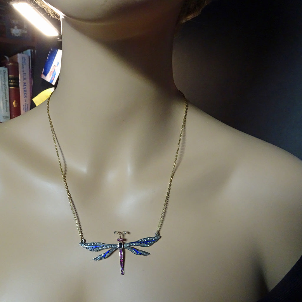 Antique Victorian dragonfly pendant necklace gold sl diamonds gems enamel (7515)