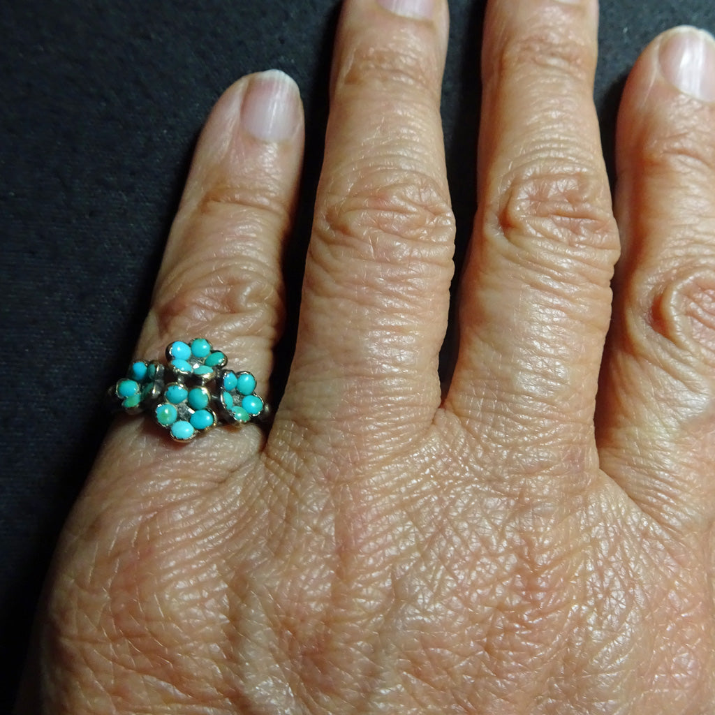 Antique Victorian Ring 18k Gold Silver Turquoise Diamonds French Romantic (7088)