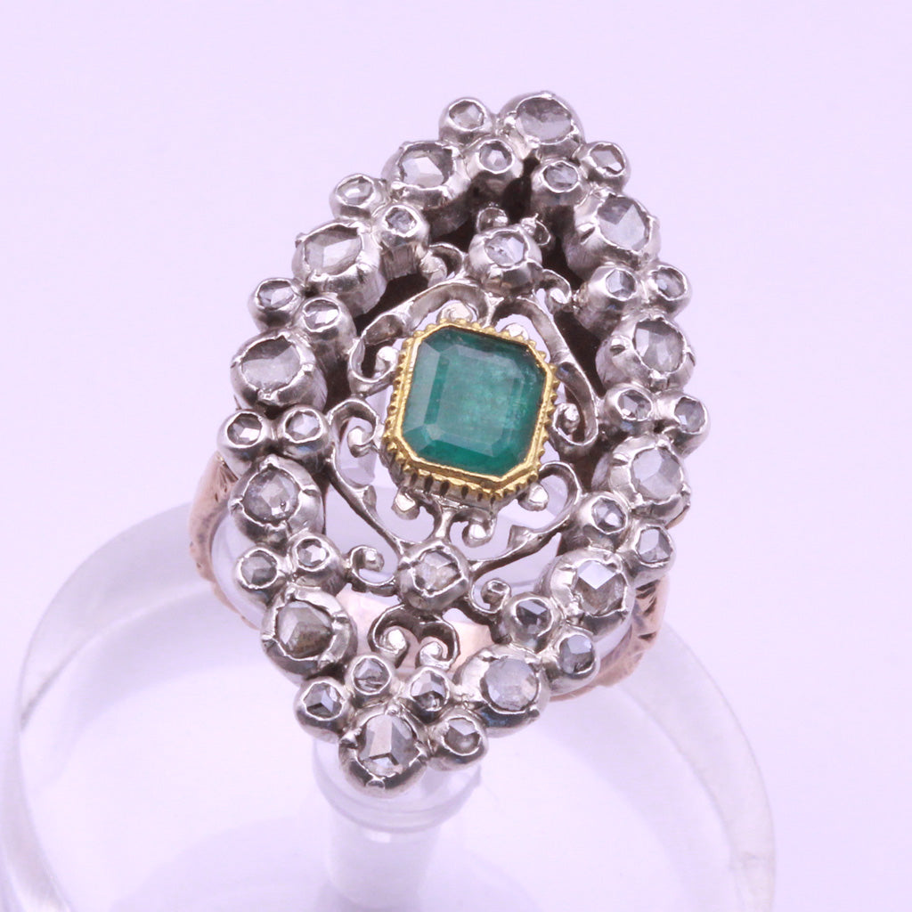 Antique 18K and Platinum Natural Emerald and Old Mine Cut Diamond Ring –  Rozental Jewelry