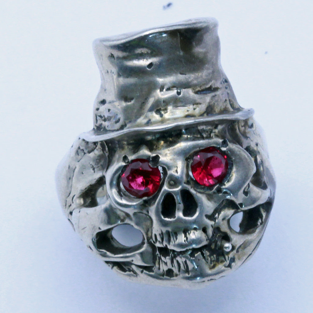 Silver skull ring biker jewelry Goth Death Head Top Hat red eyes