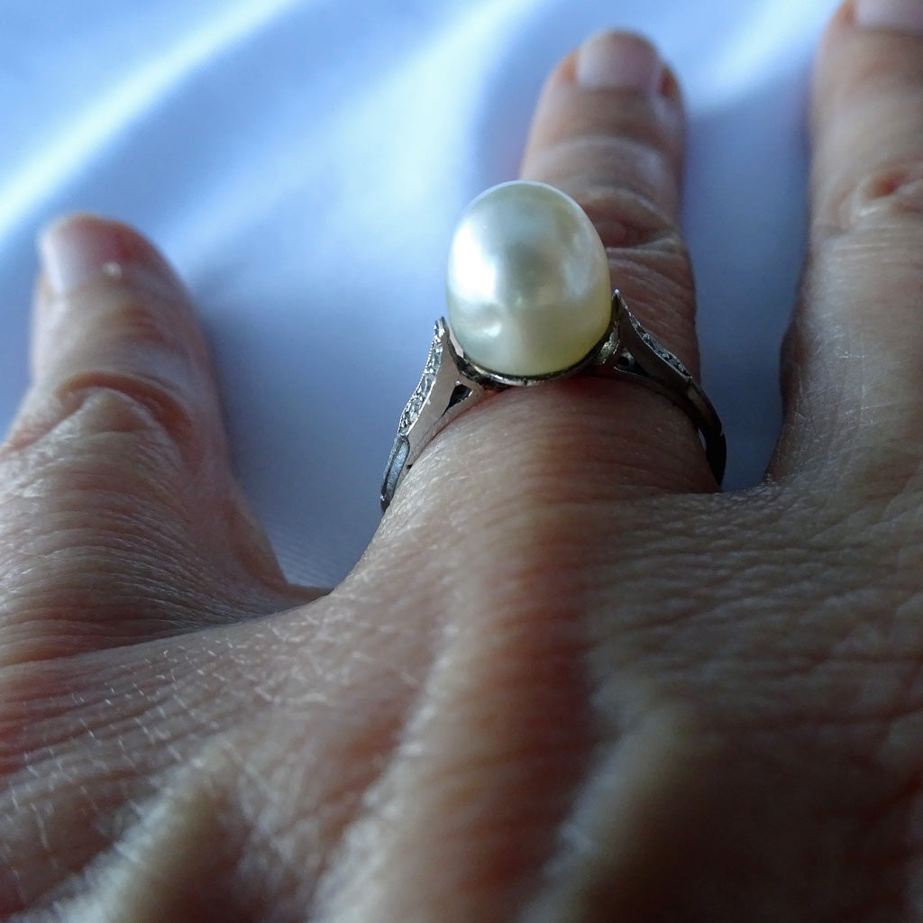 Antique Belle Epoque Ring Natural Pearl Certified Platinum Diamonds French (7443)