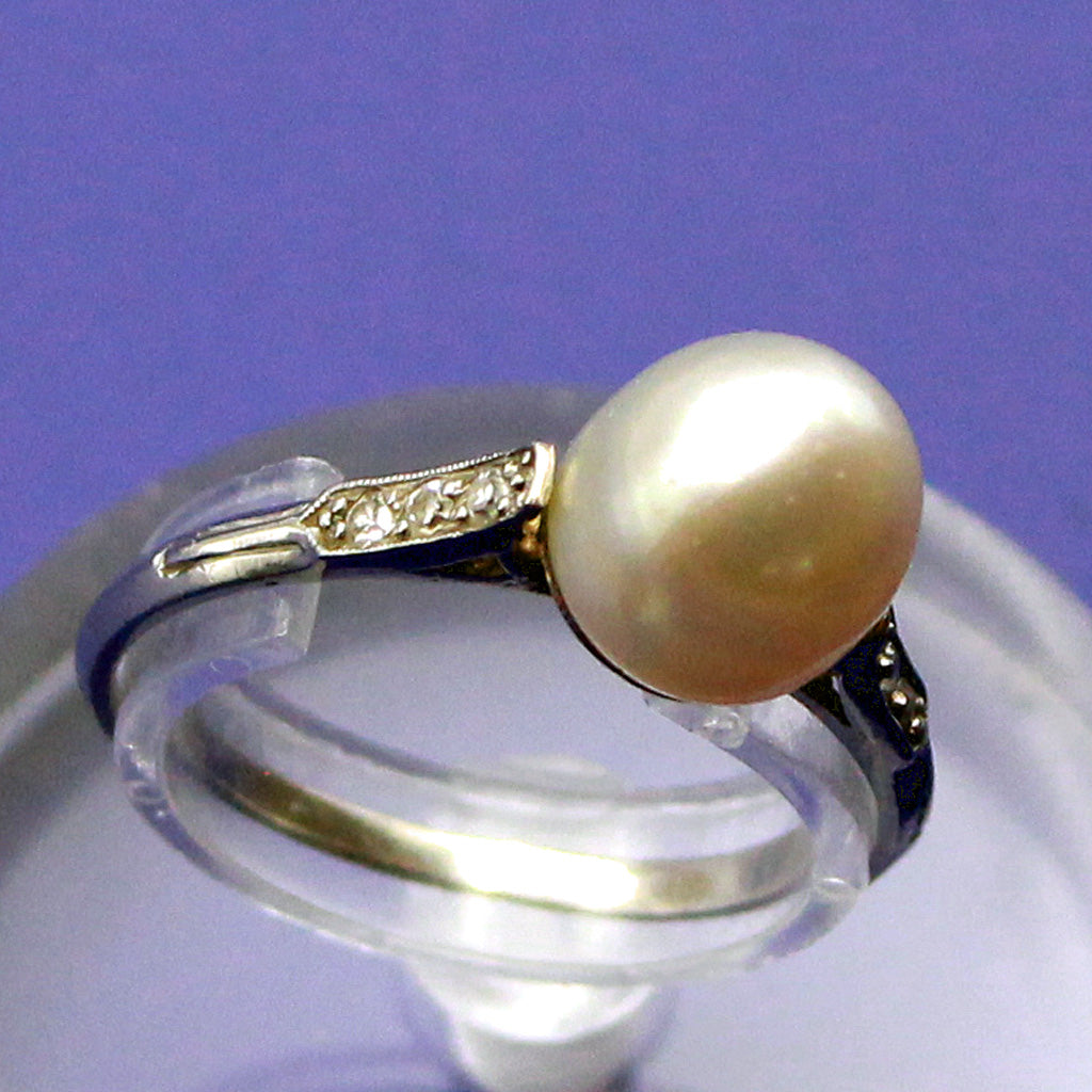 Antique Belle Epoque Ring Natural Pearl Certified Platinum Diamonds French (7443)