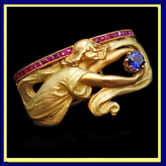 MASRIERA Art Nouveau gold enamel sapphire rubies scarf ring foulard