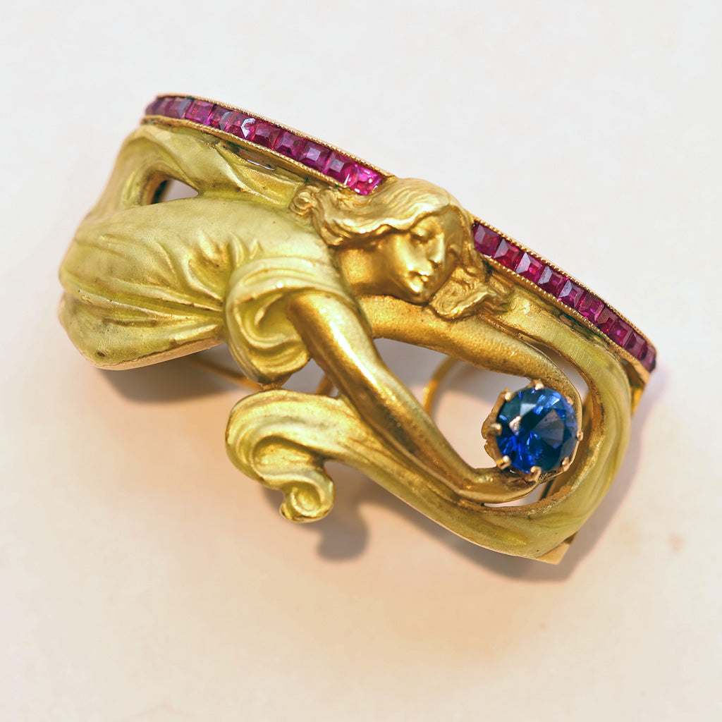 MASRIERA Art Nouveau gold enamel sapphire rubies scarf ring foulard (7458)