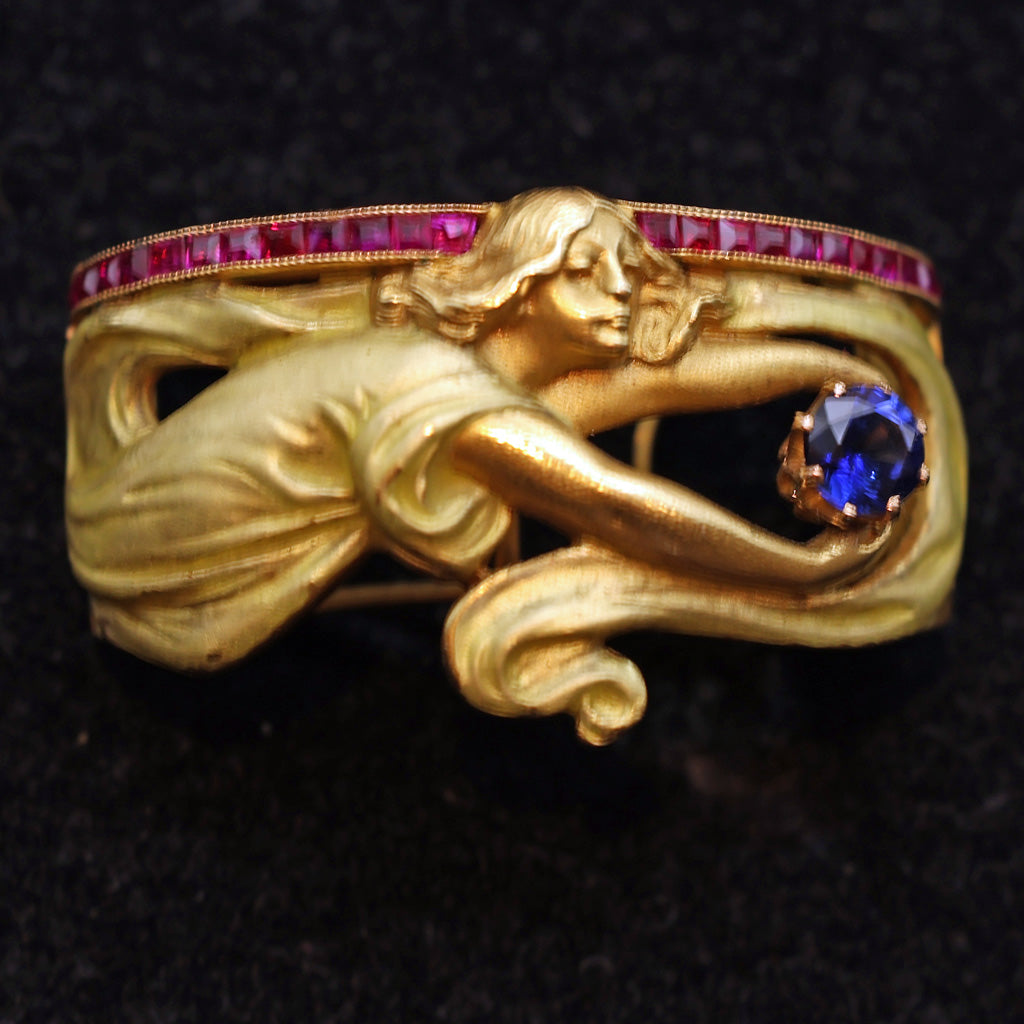 MASRIERA Art Nouveau gold enamel sapphire rubies scarf ring foulard (7458)