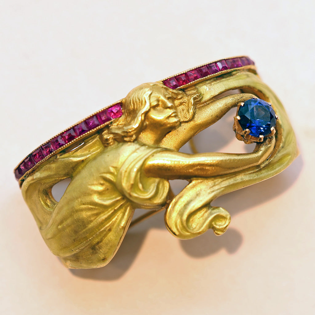 MASRIERA Art Nouveau gold enamel sapphire rubies scarf ring foulard (7458)