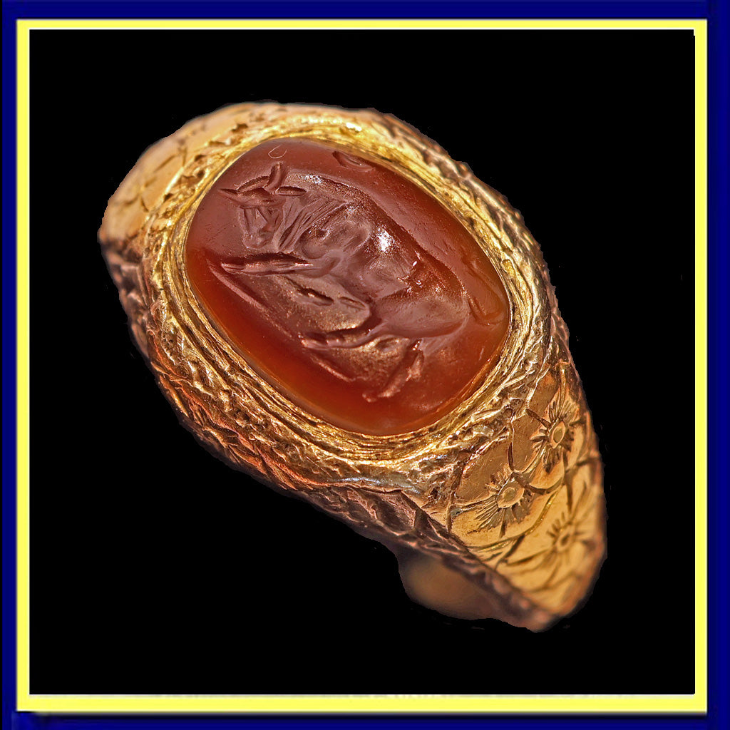 Antique Victorian ring gold silver w ancient carved intaglio bull 