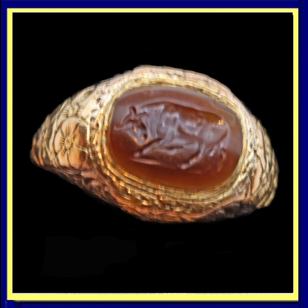 Antique Victorian ring gold silver w ancient carved intaglio bull (7474)