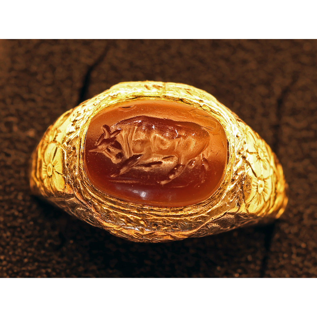 Antique Victorian ring gold silver w ancient carved intaglio bull (7474)