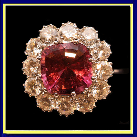 Vintage ring cushion cut 4.90ct pink tourmaline 3.03ct diamonds 18k white gold