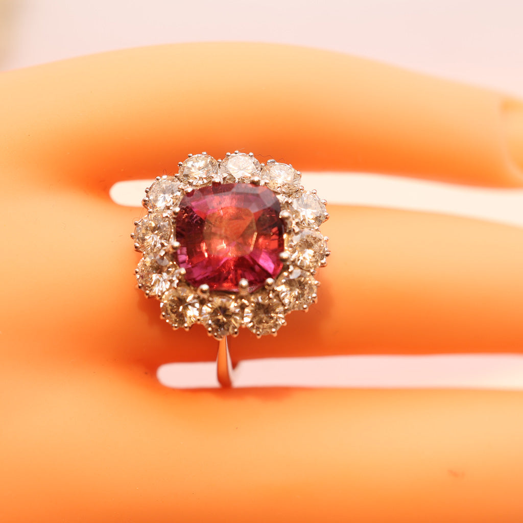 Vintage ring cushion cut 4.90ct pink tourmaline 3.03ct diamonds 18k w gold (7486)