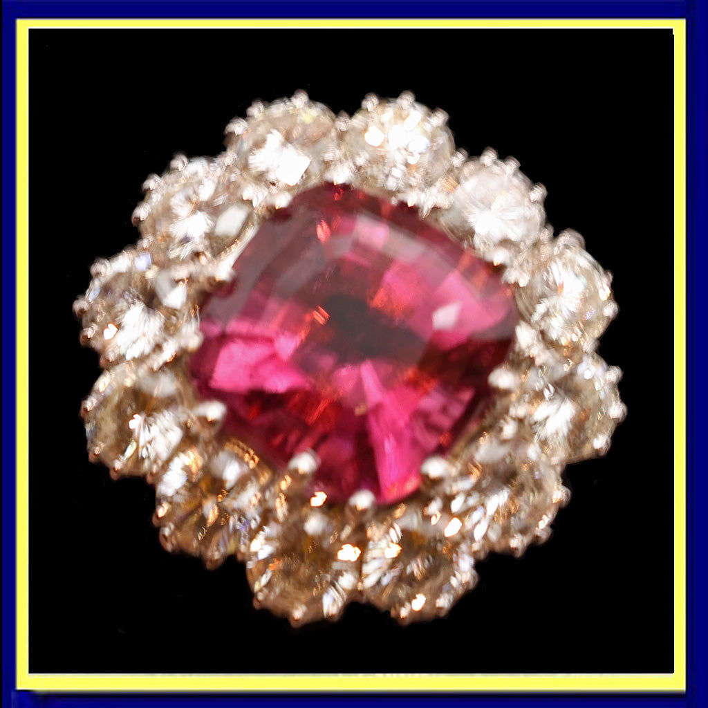 Vintage ring cushion cut 4.90ct pink tourmaline 3.03ct diamonds 18k w gold (7486)