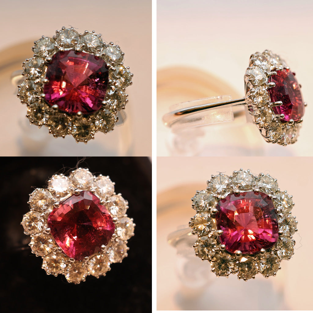 Vintage ring cushion cut 4.90ct pink tourmaline 3.03ct diamonds 18k w gold (7486)