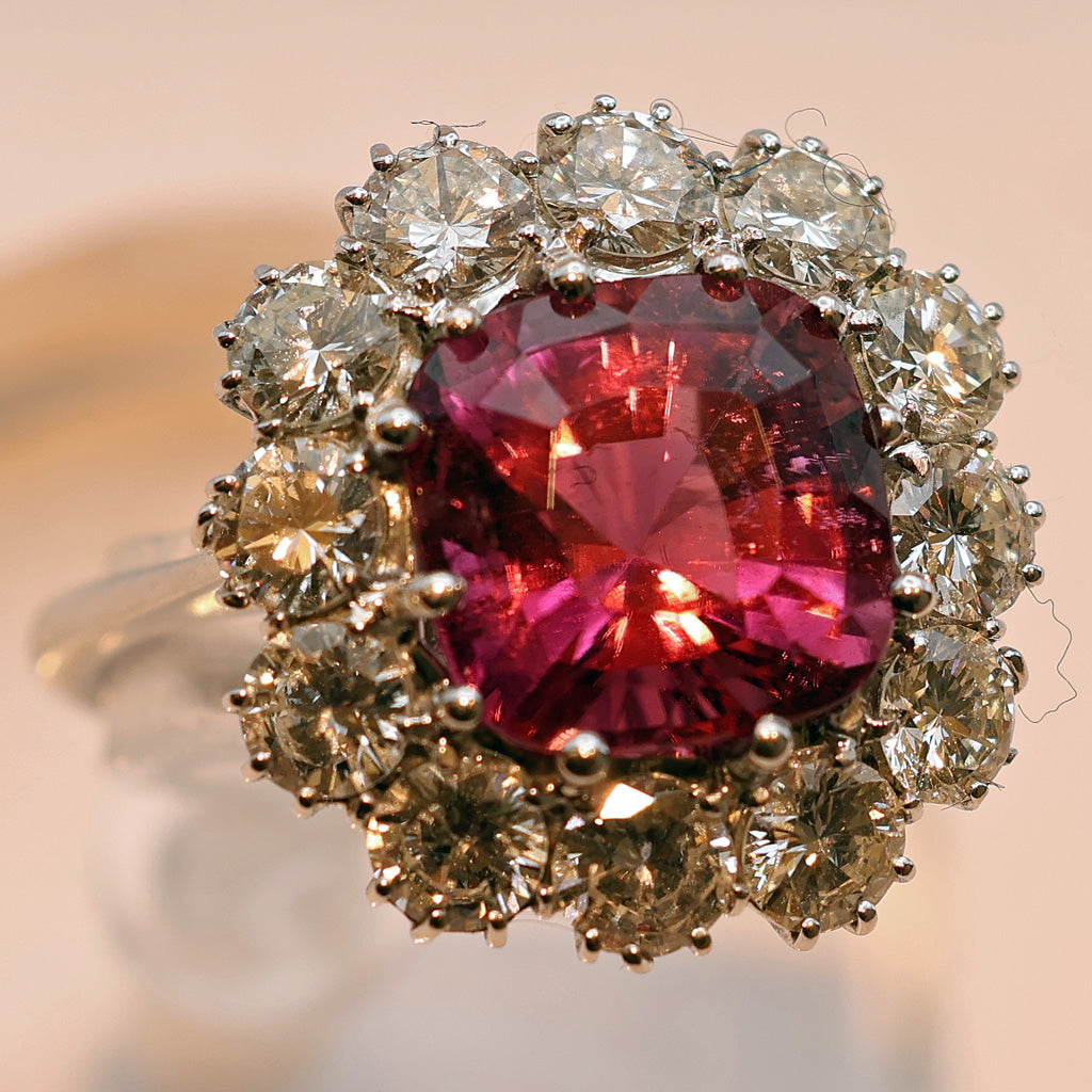 Vintage ring cushion cut 4.90ct pink tourmaline 3.03ct diamonds 18k w gold (7486)