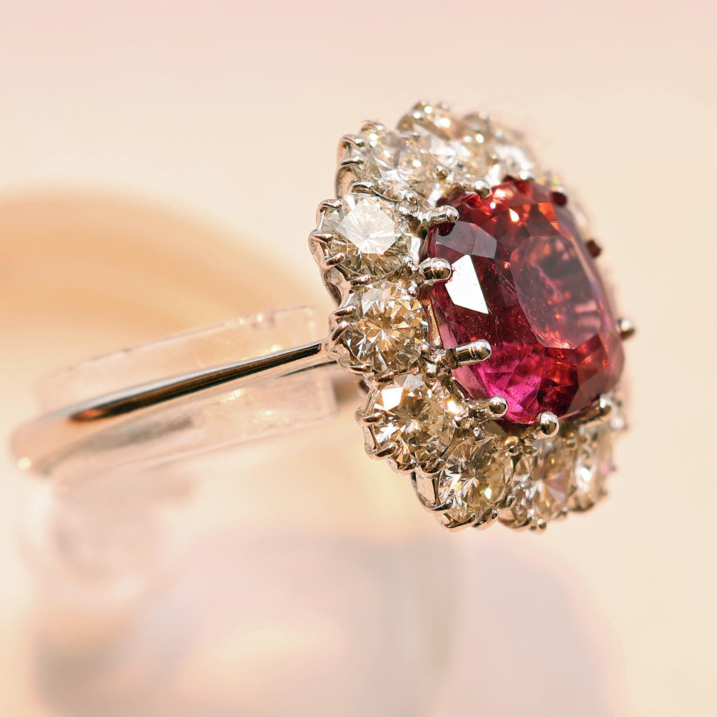 Vintage ring cushion cut 4.90ct pink tourmaline 3.03ct diamonds 18k w gold (7486)