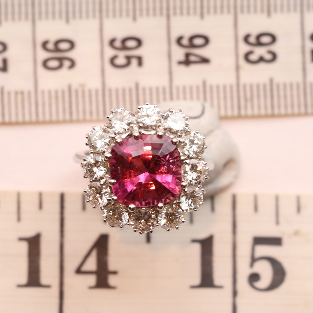 Vintage ring cushion cut 4.90ct pink tourmaline 3.03ct diamonds 18k w gold (7486)