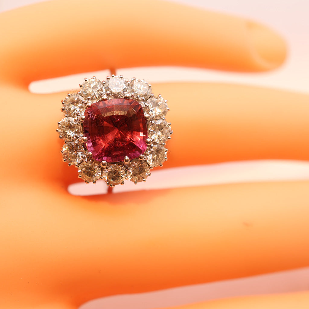 Vintage ring cushion cut 4.90ct pink tourmaline 3.03ct diamonds 18k w gold (7486)