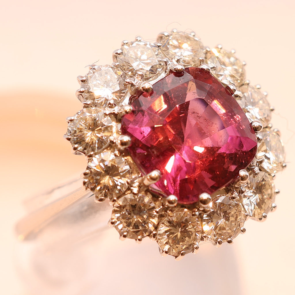 Vintage ring cushion cut 4.90ct pink tourmaline 3.03ct diamonds 18k w gold (7486)