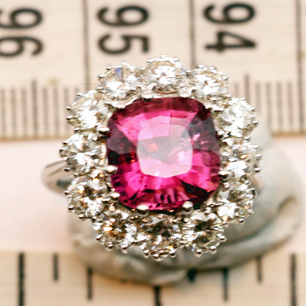 Vintage ring cushion cut 4.90ct pink tourmaline 3.03ct diamonds 18k w gold (7486)