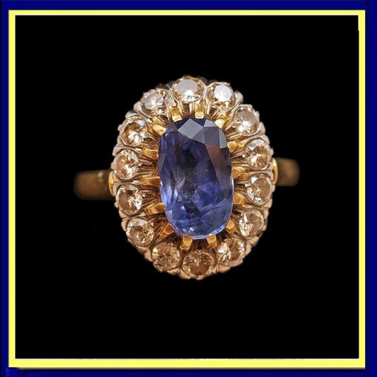 Antique Ring natural unheated sapphire (cert) diamonds 18k gold French (7489)