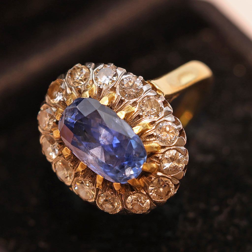 Antique Ring natural unheated sapphire (cert) diamonds 18k gold French (7489)