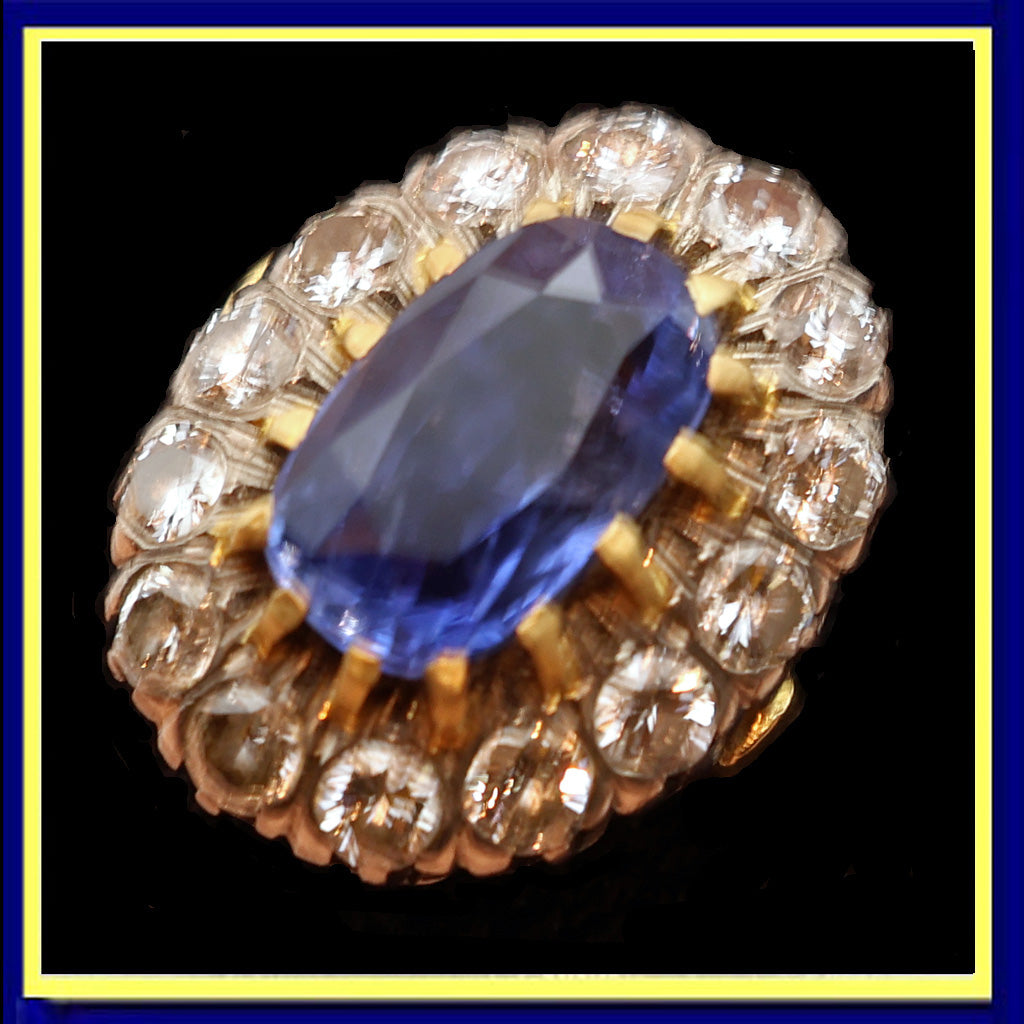 Antique Ring natural unheated sapphire (cert) diamonds 18k gold French (7489)