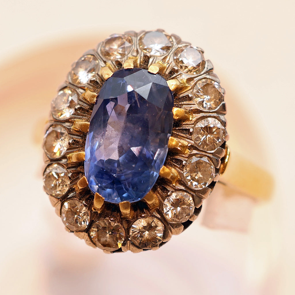 Antique Ring natural unheated sapphire (cert) diamonds 18k gold French (7489)