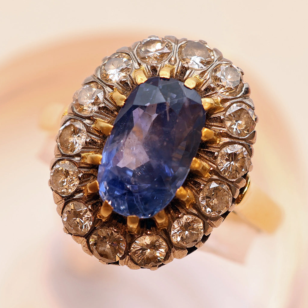 Antique Ring natural unheated sapphire (cert) diamonds 18k gold French (7489)