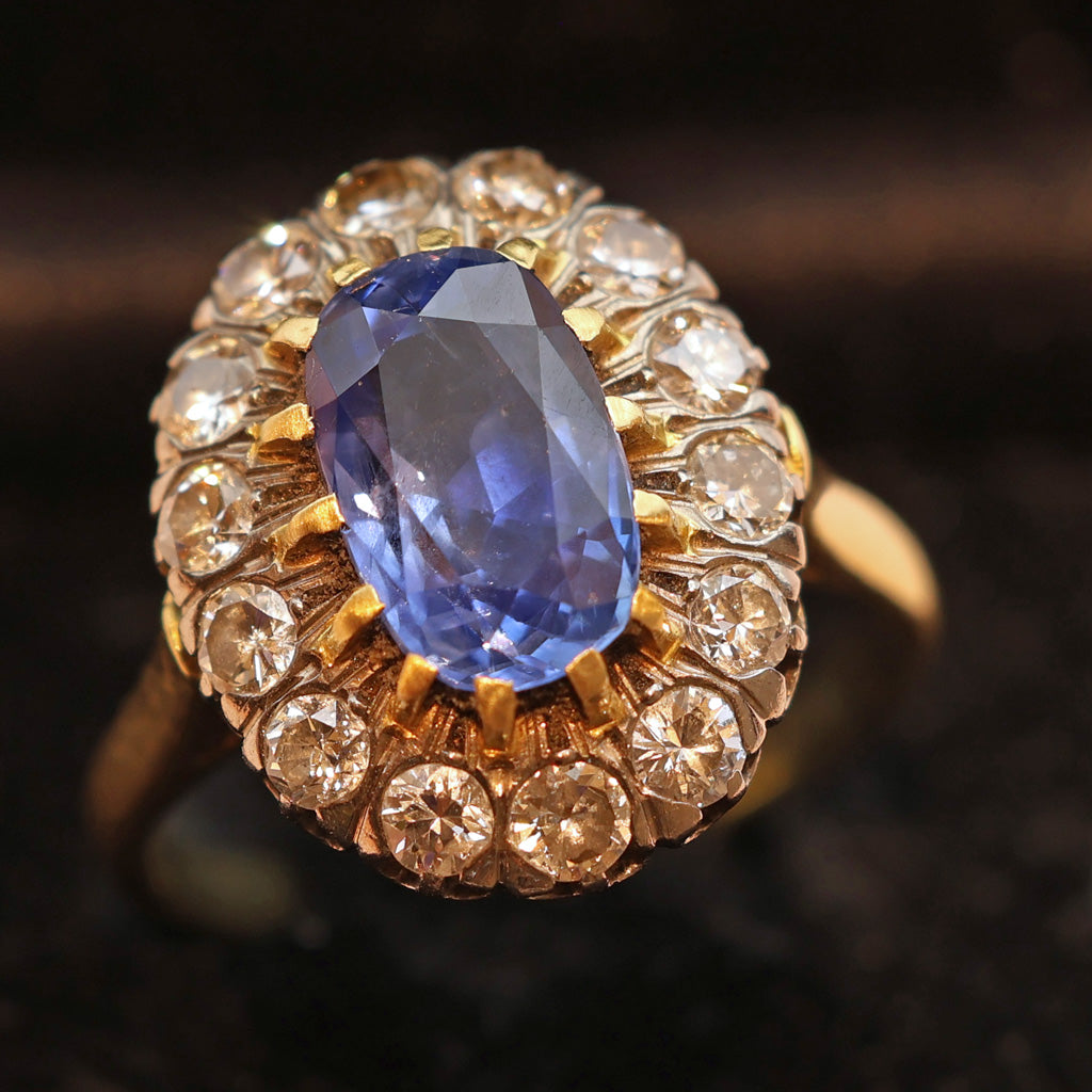 Antique Ring natural unheated sapphire (cert) diamonds 18k gold French (7489)