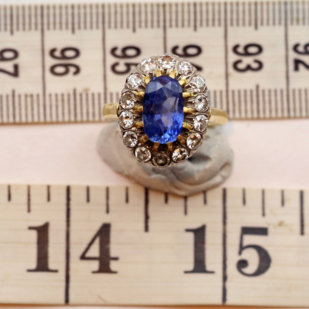 Antique Ring natural unheated sapphire (cert) diamonds 18k gold French (7489)