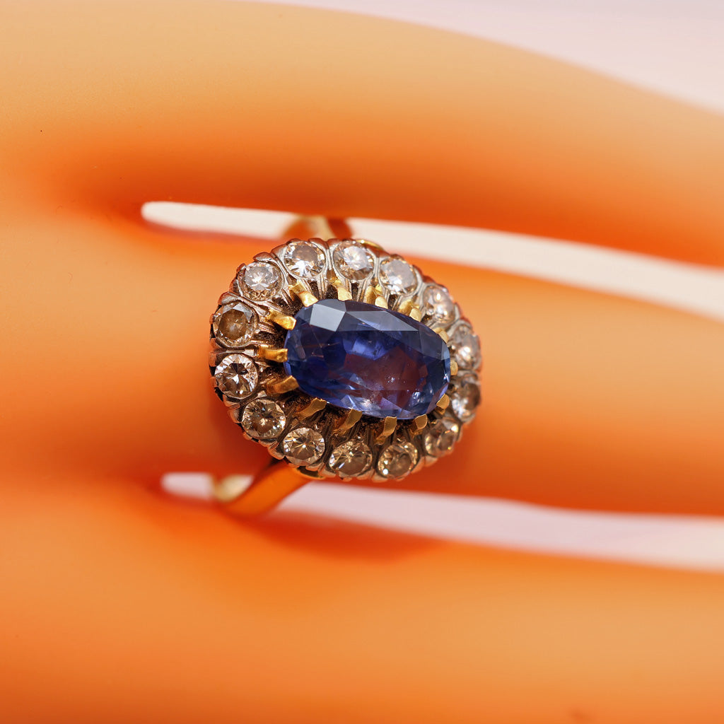 Antique Ring natural unheated sapphire (cert) diamonds 18k gold French (7489)