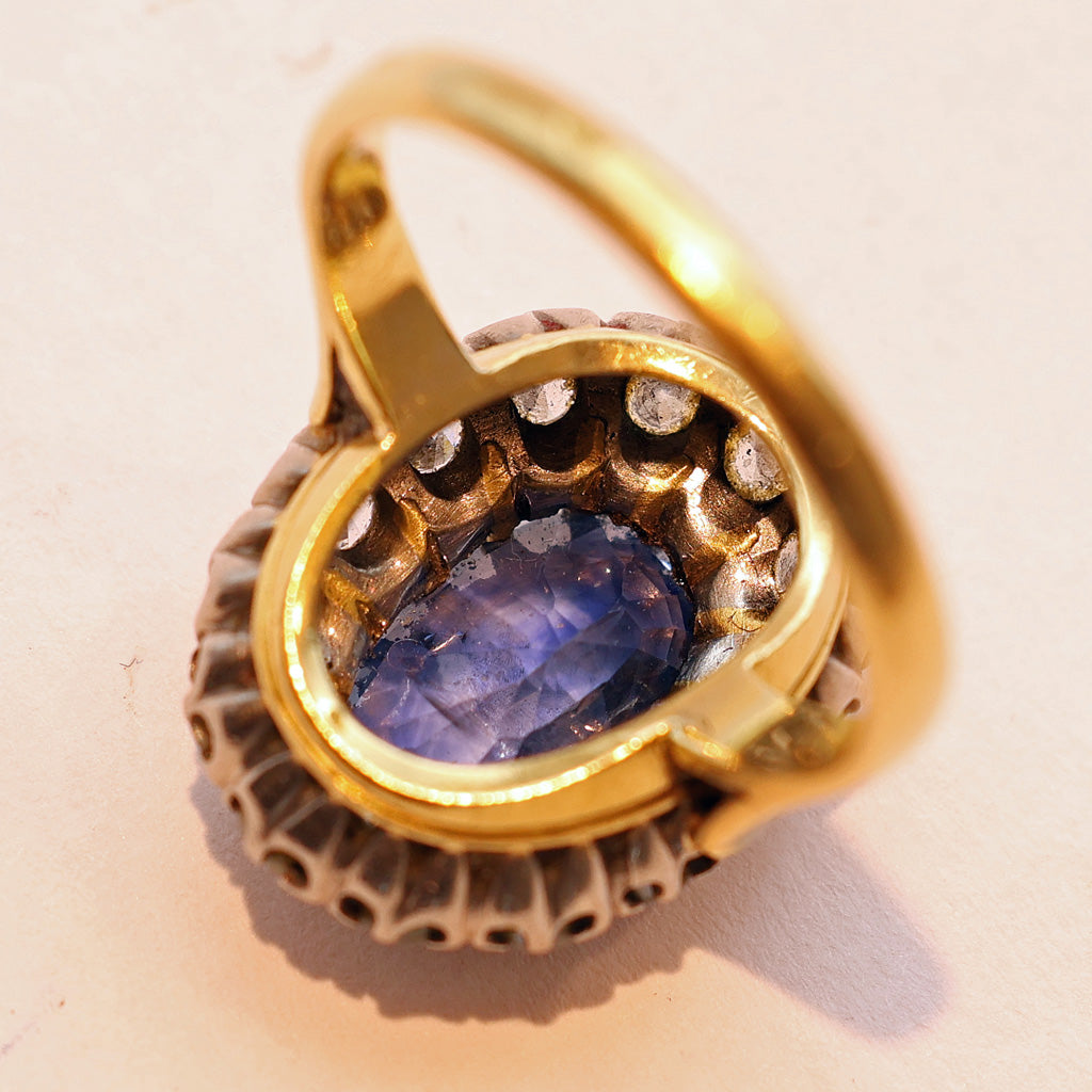 Antique Ring natural unheated sapphire (cert) diamonds 18k gold French (7489)