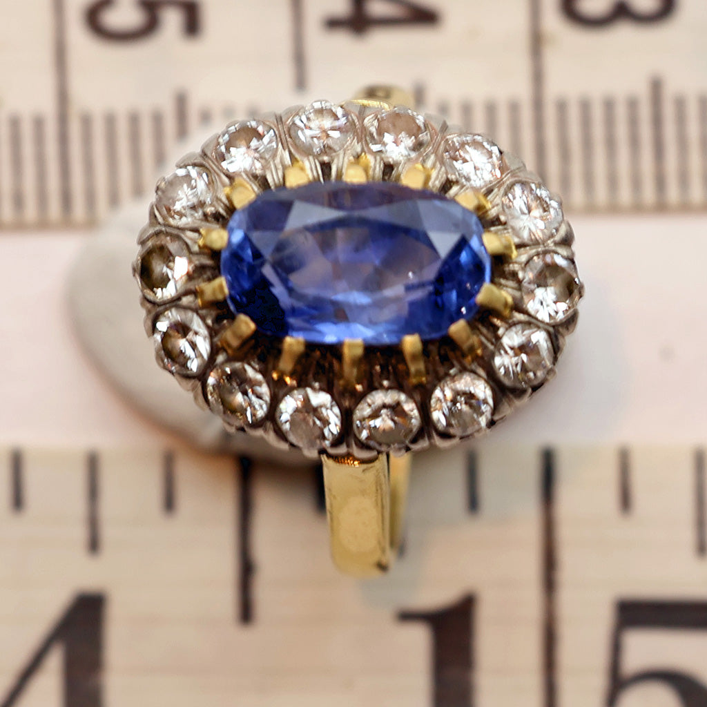 Antique Ring natural unheated sapphire (cert) diamonds 18k gold French (7489)