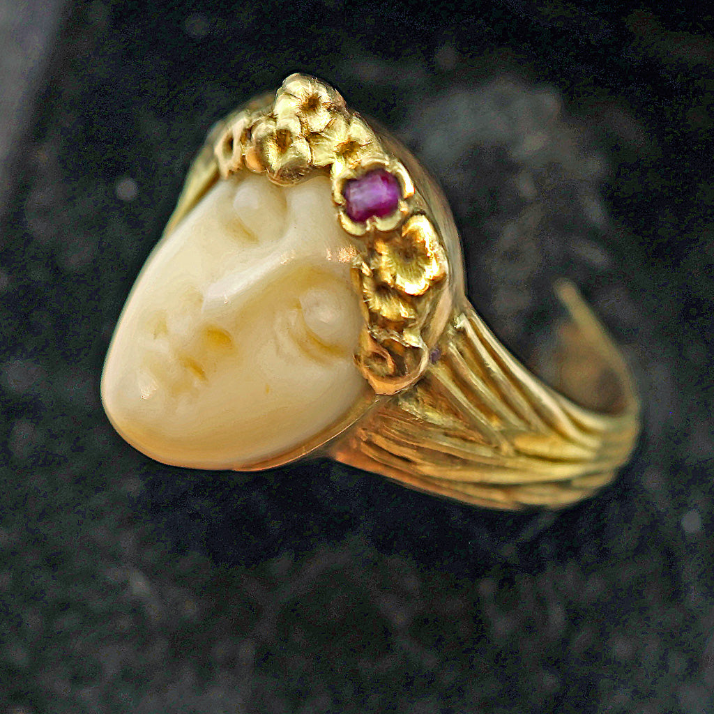 Antique Art Nouveau ring 18k gold ruby carved ivory portrait French (7490)